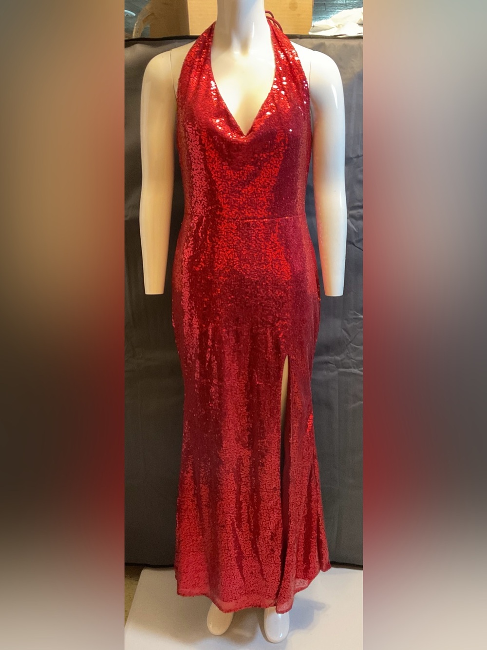 NWT Red Sequin Halter Evening Gown with Side Slit